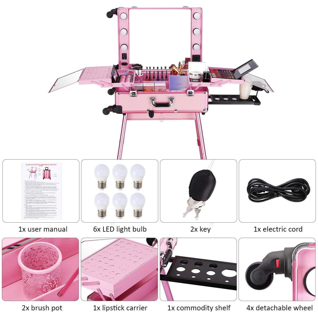 Мобильная студия визажиста LC 004 розовая с подсветкой большой размер