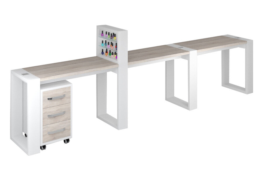 Модульный маникюрный стол Matrix с подставкой под лаки и тумбой трехместный