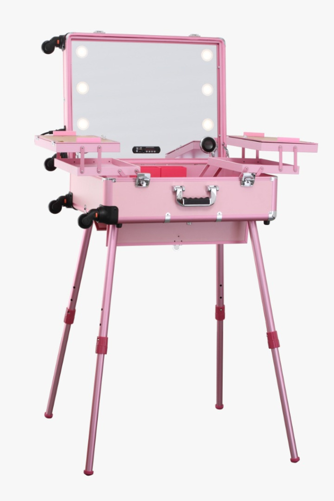 Мобильная студия визажиста Premium LC 015 розовая с подсветкой большой размер