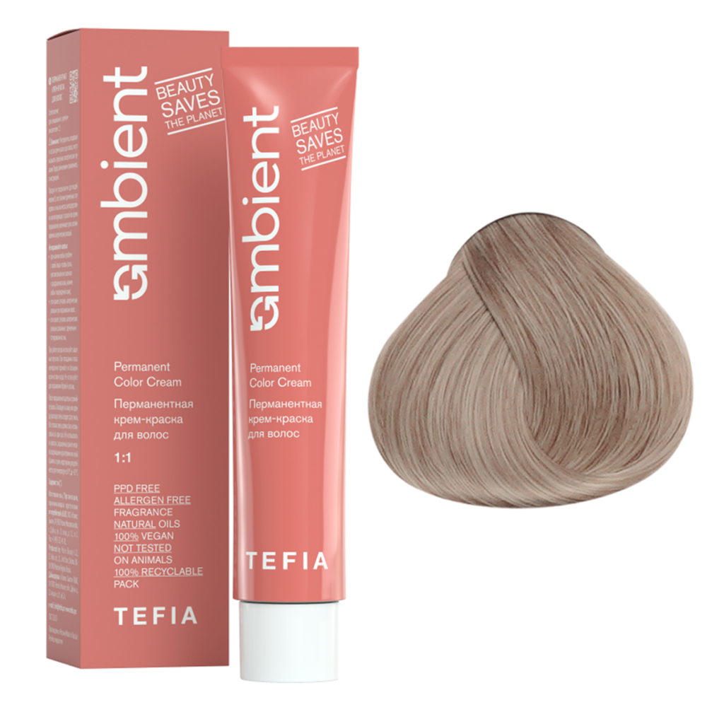 Tefia, Крем-краска перманентная AMBIENT 9.1 Очень светлый блондин пепельный, 60 мл
