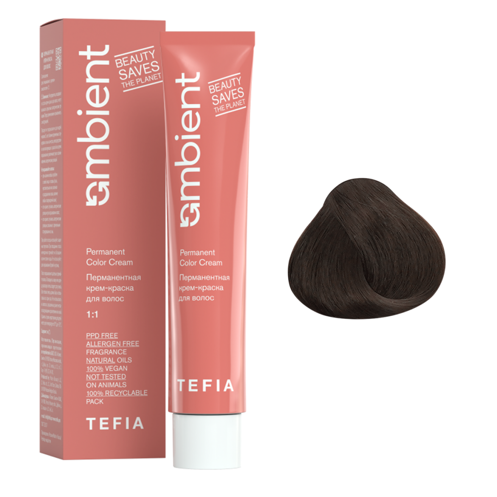 Tefia, Крем-краска перманентная AMBIENT 6.18 Темный блондин пепельно-коричневый, 60 мл